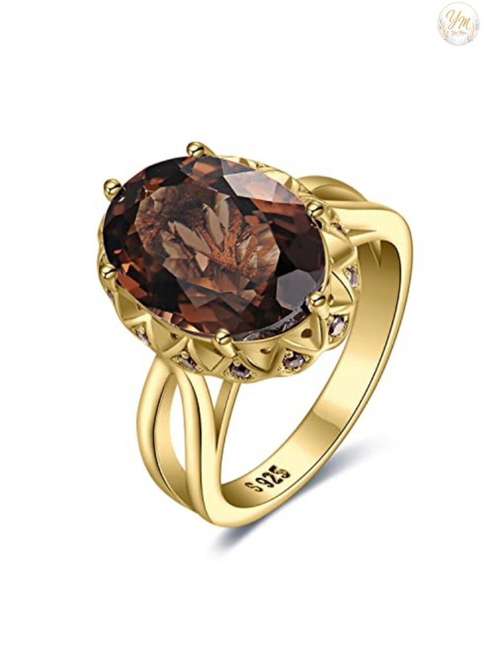 14K Gold Plated 925 Sterling Silver Smoky Quartz Cocktail Ring Size 7